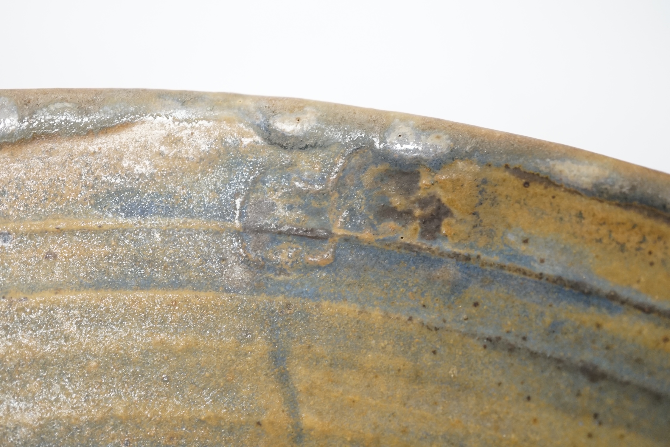 A large studio stoneware centre bowl with ‘B’ makers mark, 38cm in diameter. Condition - good